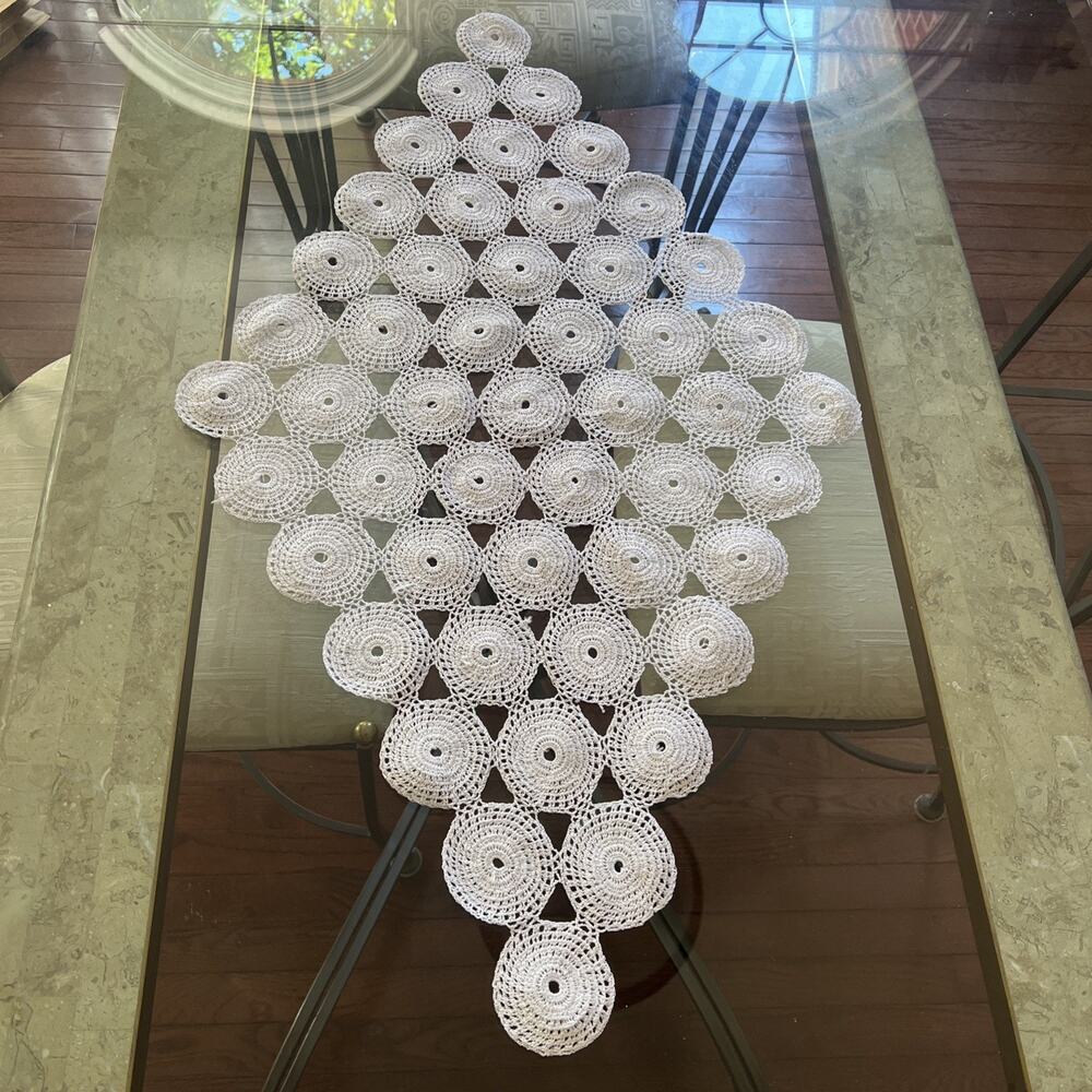 Vintage White Crochet Lace Table Runner Diamond Medallion Doily Handmade Boho